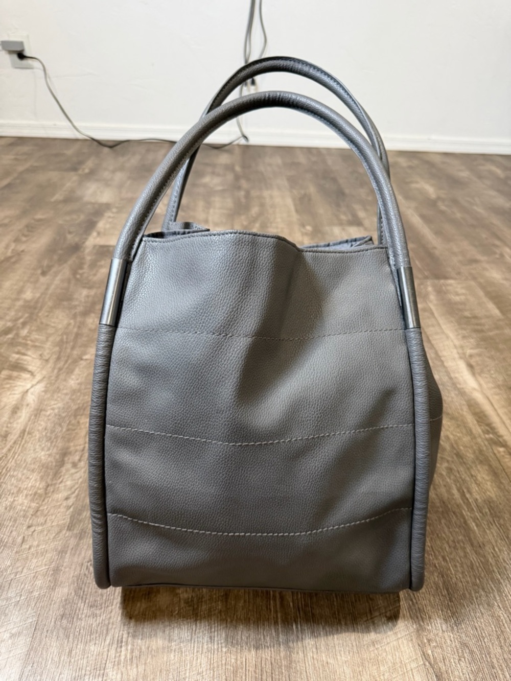 Neiman Marcus Dark Gray Faux Leather Shopper purse hand Tote Bag Travel Beach